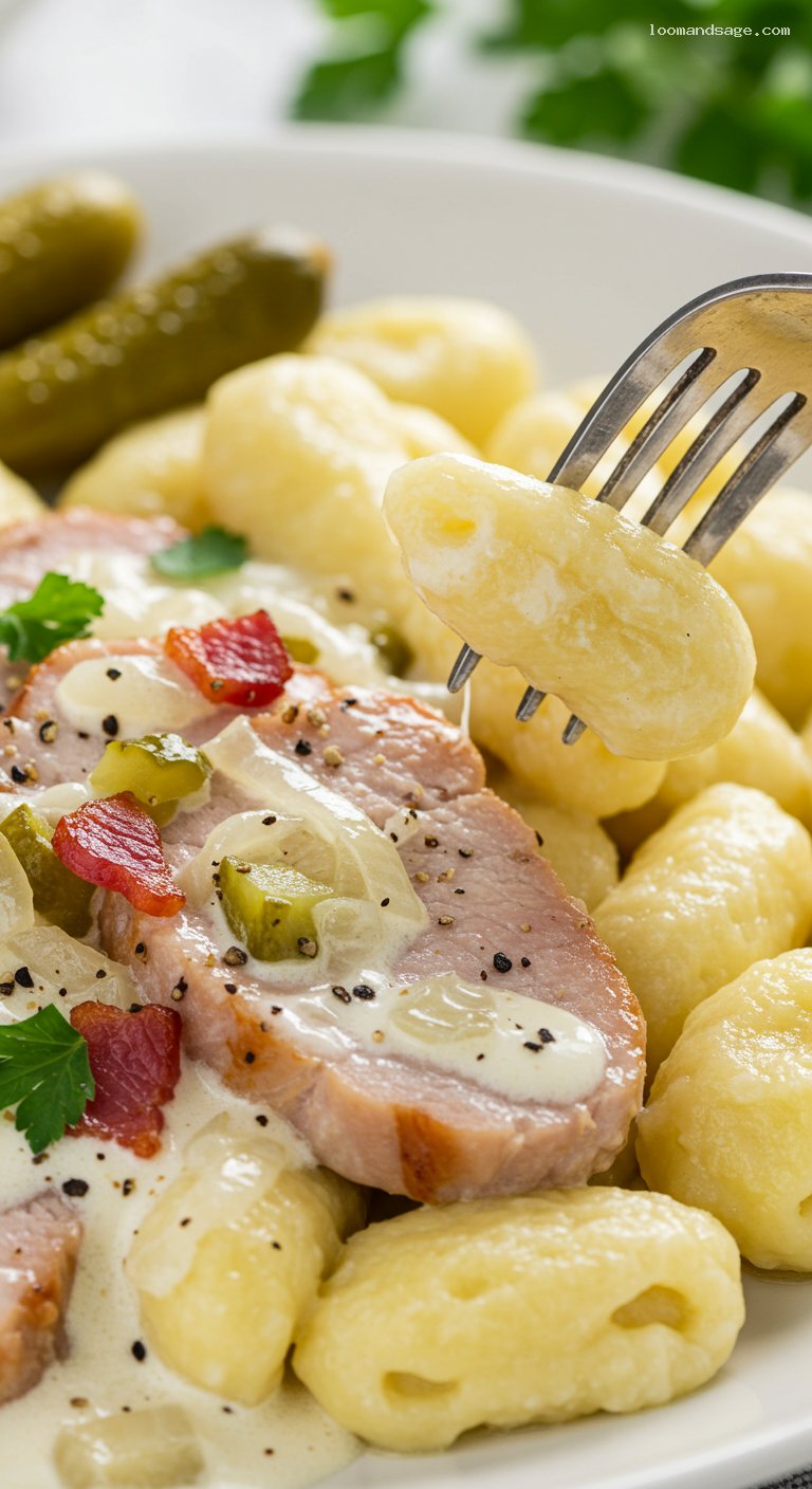 Creamy Hentes Tokány with Nokedli Dumplings – Closeup