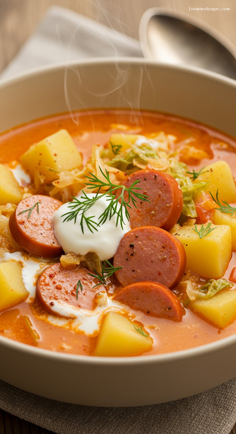 Creamy Hungarian Frankfurter and Cabbage Soup – Closeup