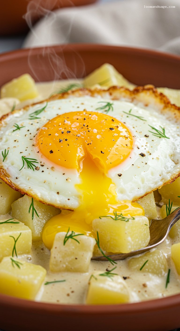 Creamy Hungarian Potato Stew with Fried Egg – Closeup