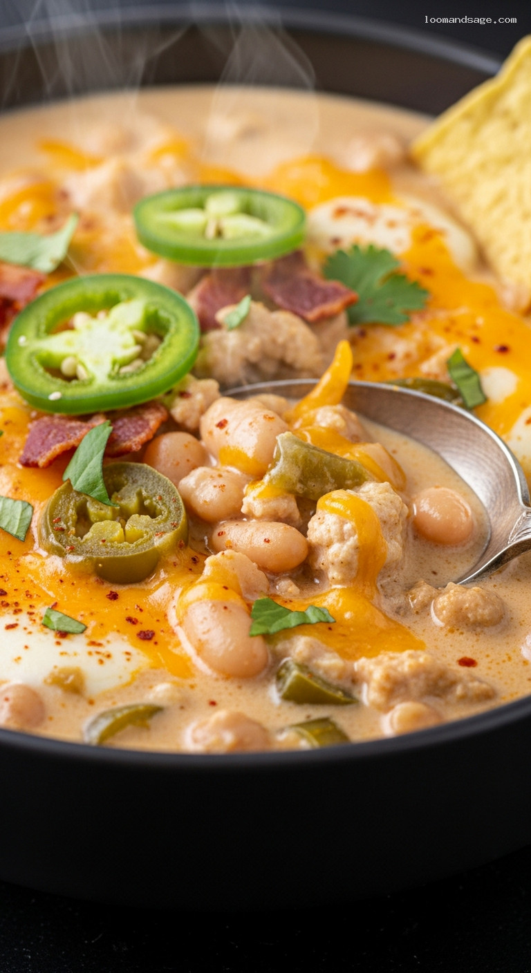 Creamy Jalapeño Popper Chili with Ground Turkey – Closeup