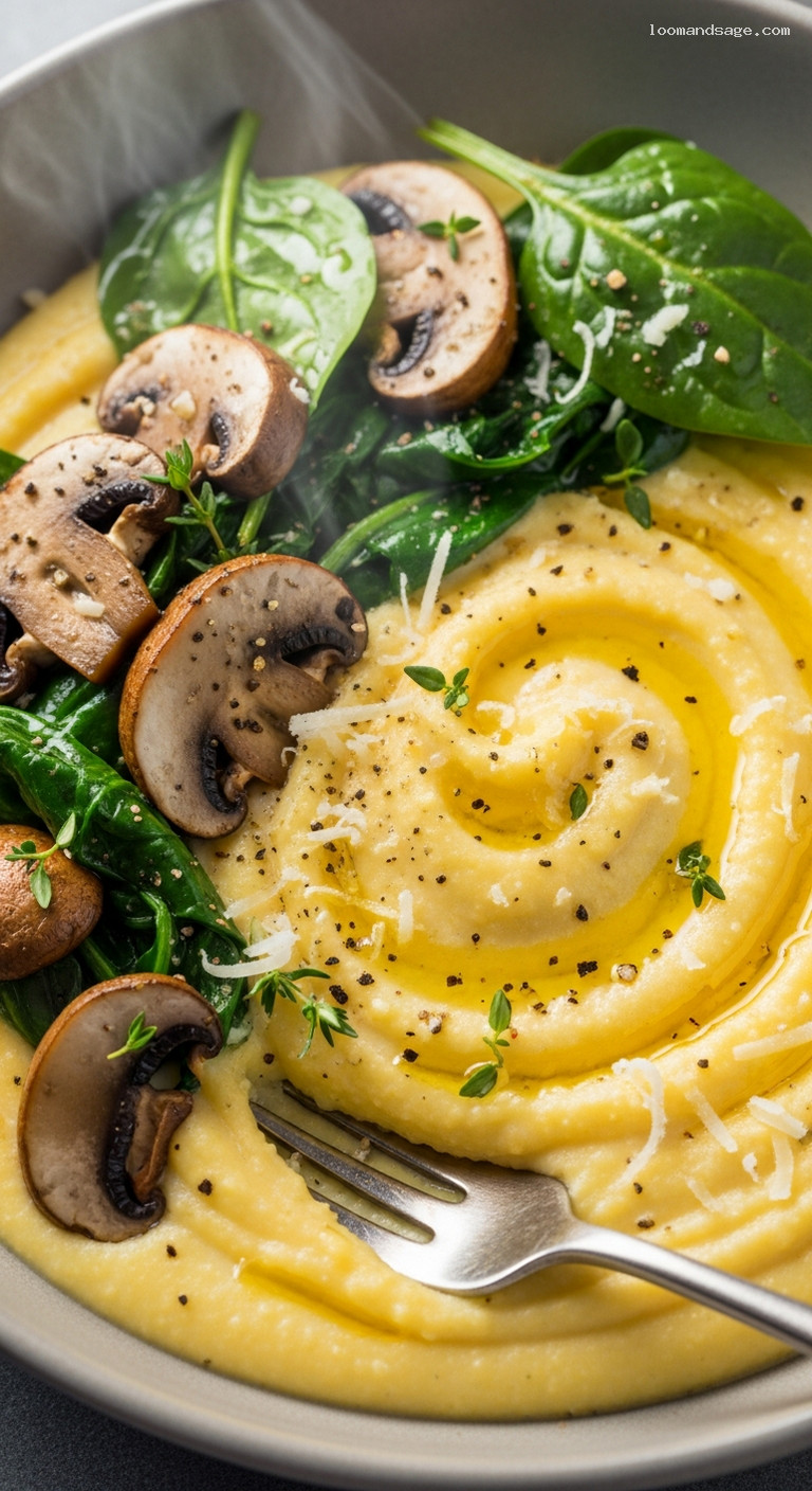 Creamy Mushroom and Spinach Polenta with Parmesan – Closeup