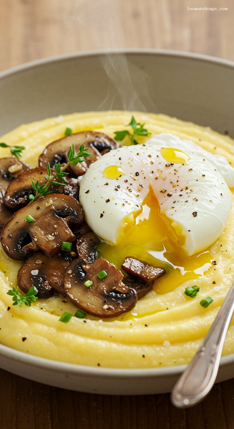 Creamy Parmesan Polenta with Garlicky Mushrooms and Poached Egg – Closeup