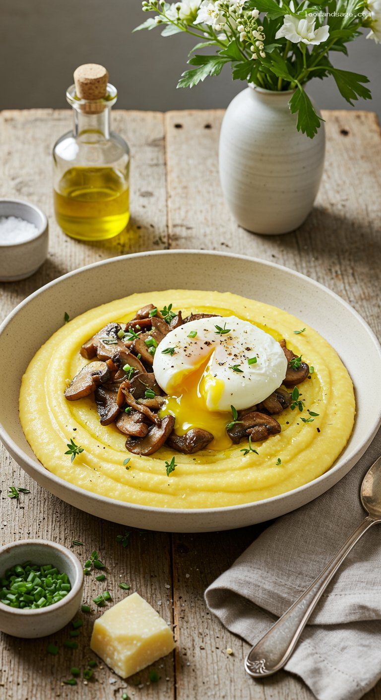 Creamy Parmesan Polenta with Garlicky Mushrooms and Poached Egg