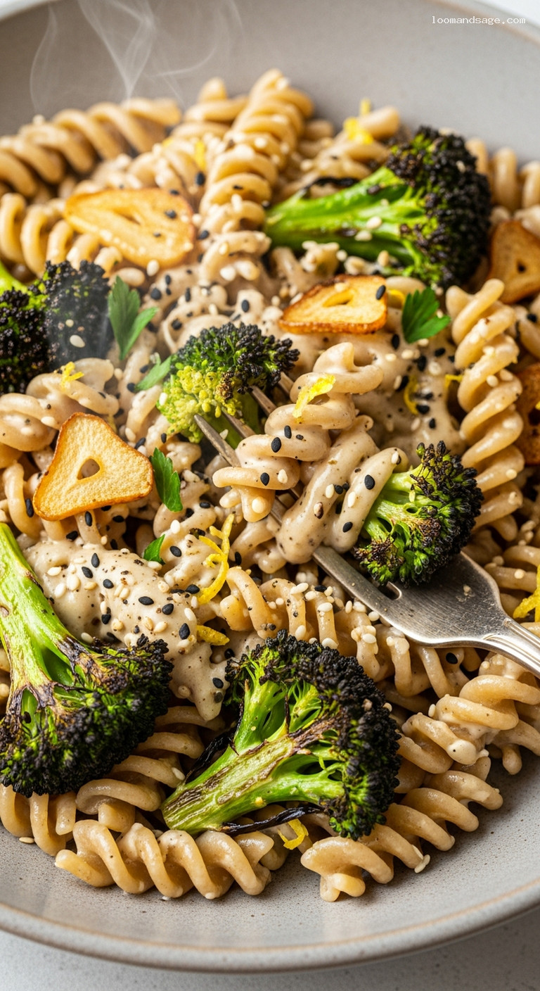 Creamy Tahini Pasta with Roasted Broccoli and Lemon – Closeup