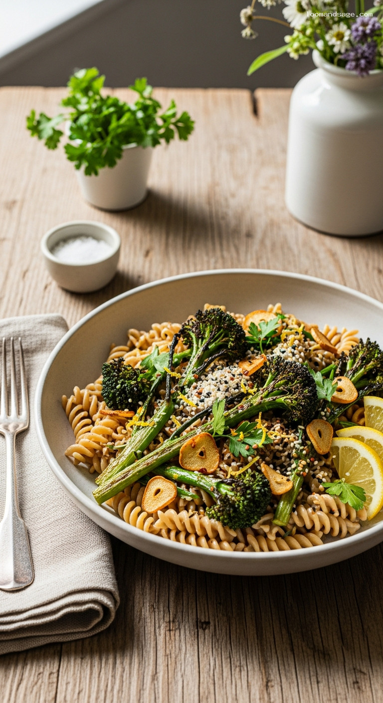 Creamy Tahini Pasta with Roasted Broccoli and Lemon