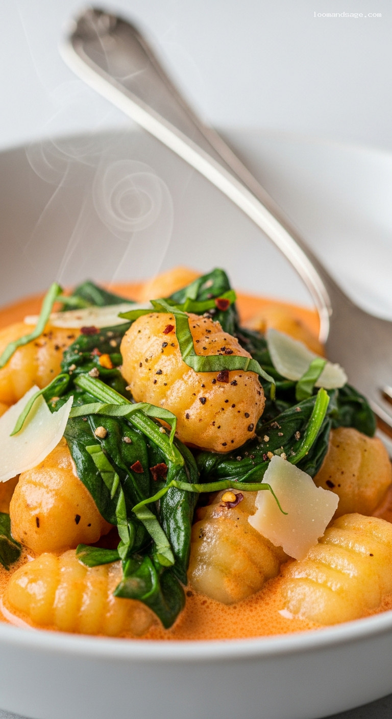 Creamy Tomato Spinach Gnocchi with Basil and Parmesan – Closeup