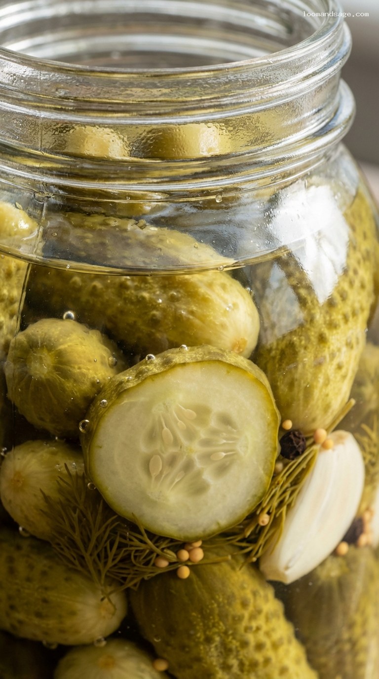 Crisp Dill and Garlic Pickled Pearl Cucumbers – Closeup