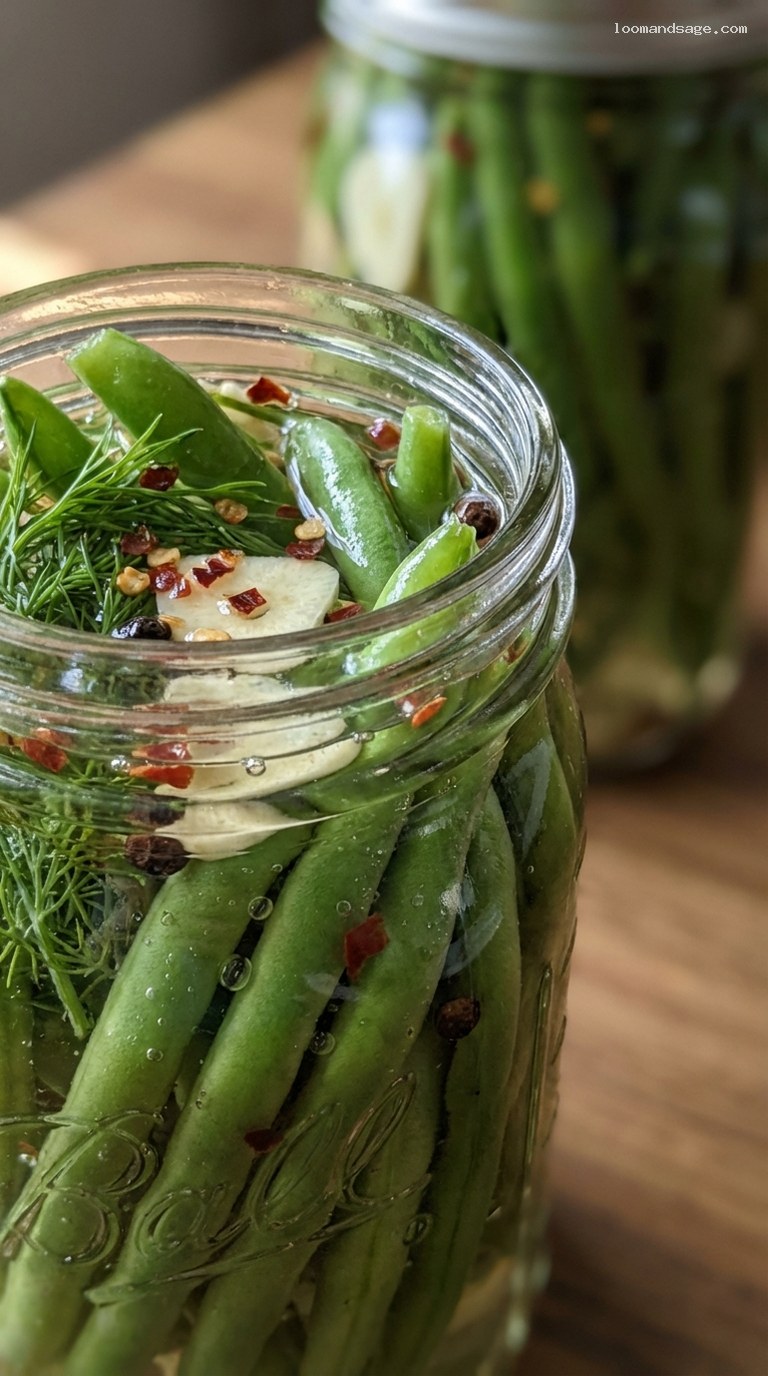 Crisp Refrigerator Dilly Beans With Garlic and Dill – Closeup