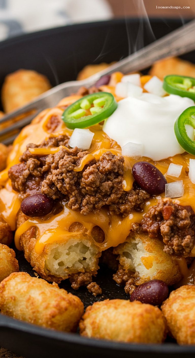 Crispy Chili Cheese Tater Tots with Ranch Drizzle – Closeup