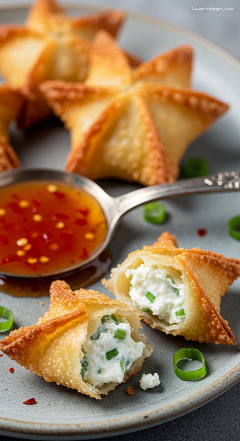 Crispy Cream Cheese Rangoons with Sweet Chili Sauce – Closeup