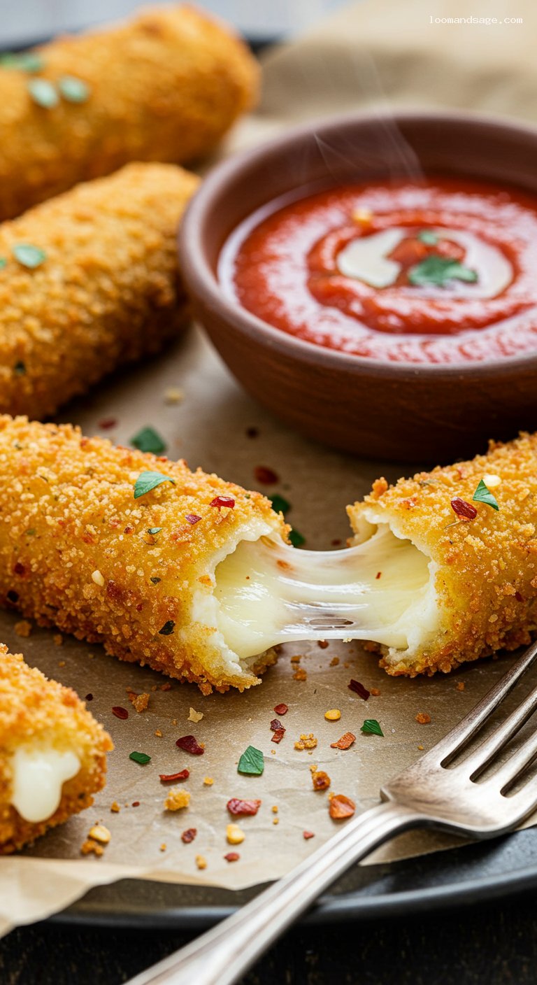 Crispy Double-Breaded Mozzarella Sticks with Marinara – Closeup