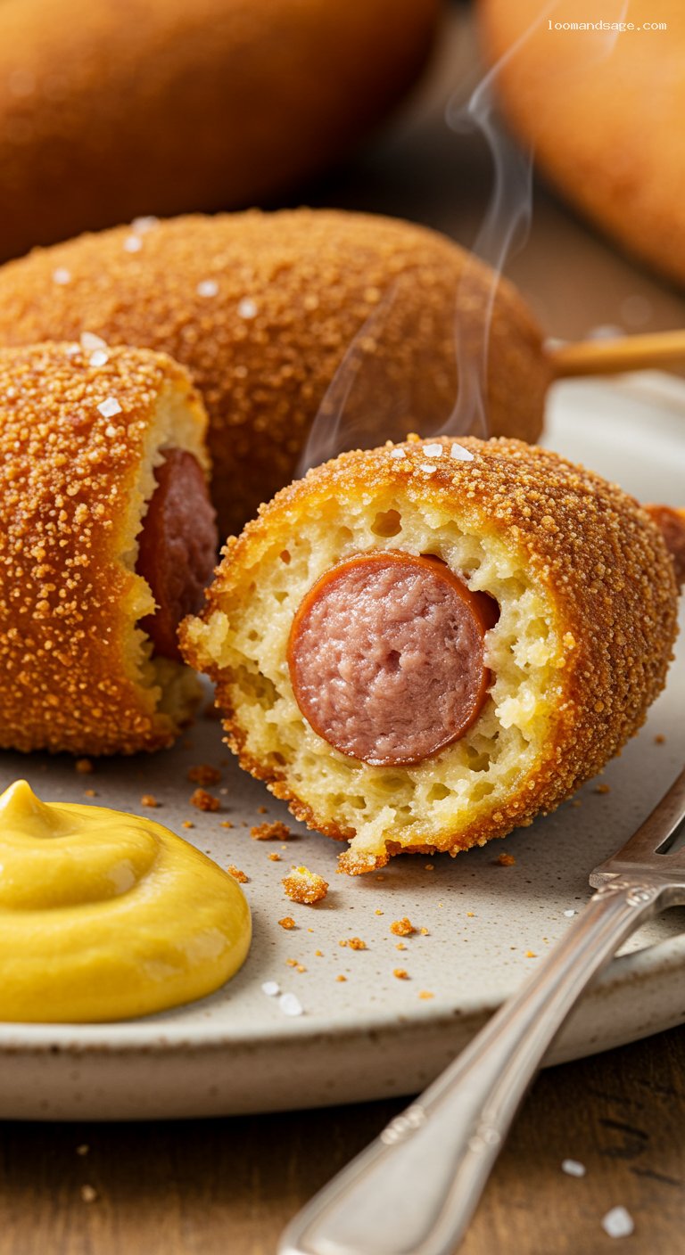 Crispy Honey Corn Dogs with Yellow Mustard – Closeup