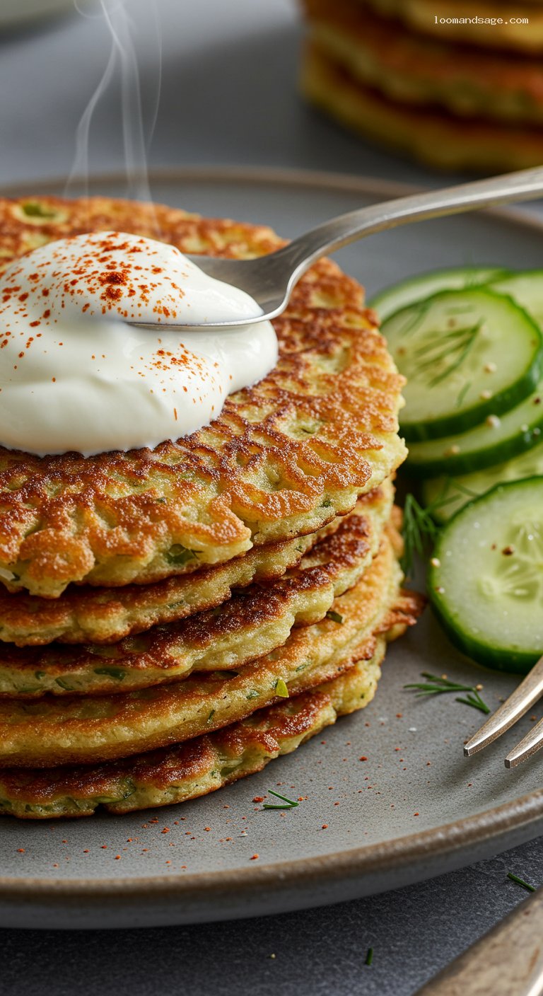 Crispy Hungarian Potato Pancakes with Sour Cream and Cucumber Salad – Closeup