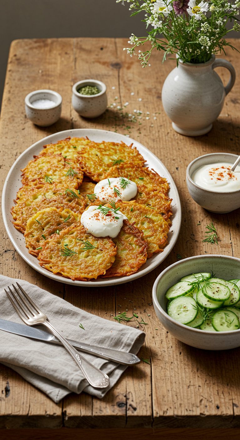 Crispy Hungarian Potato Pancakes with Sour Cream and Cucumber Salad