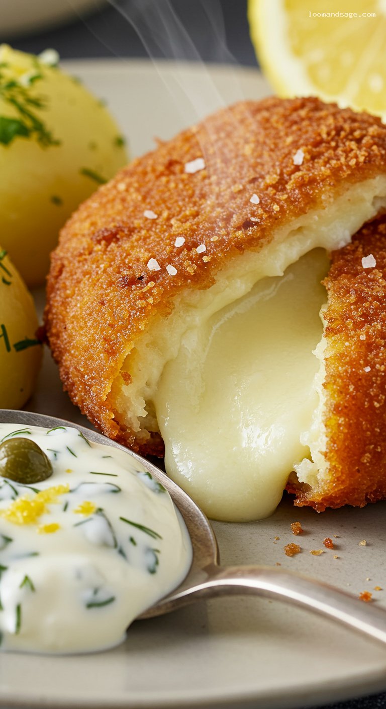 Crispy Rántott Sajt with Parsley Potatoes and Tartar Sauce – Closeup