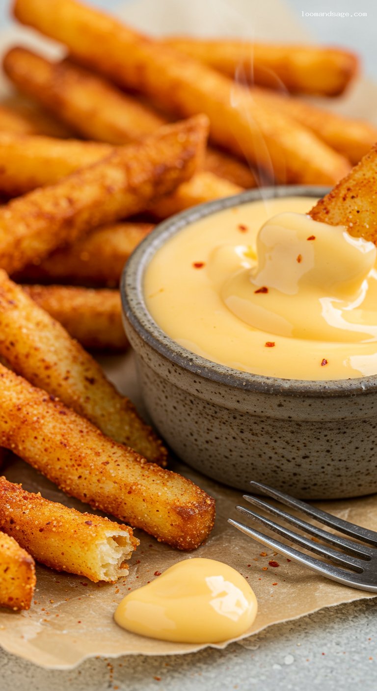 Crispy Taco-Seasoned Nacho Fries with Cheese Dip – Closeup