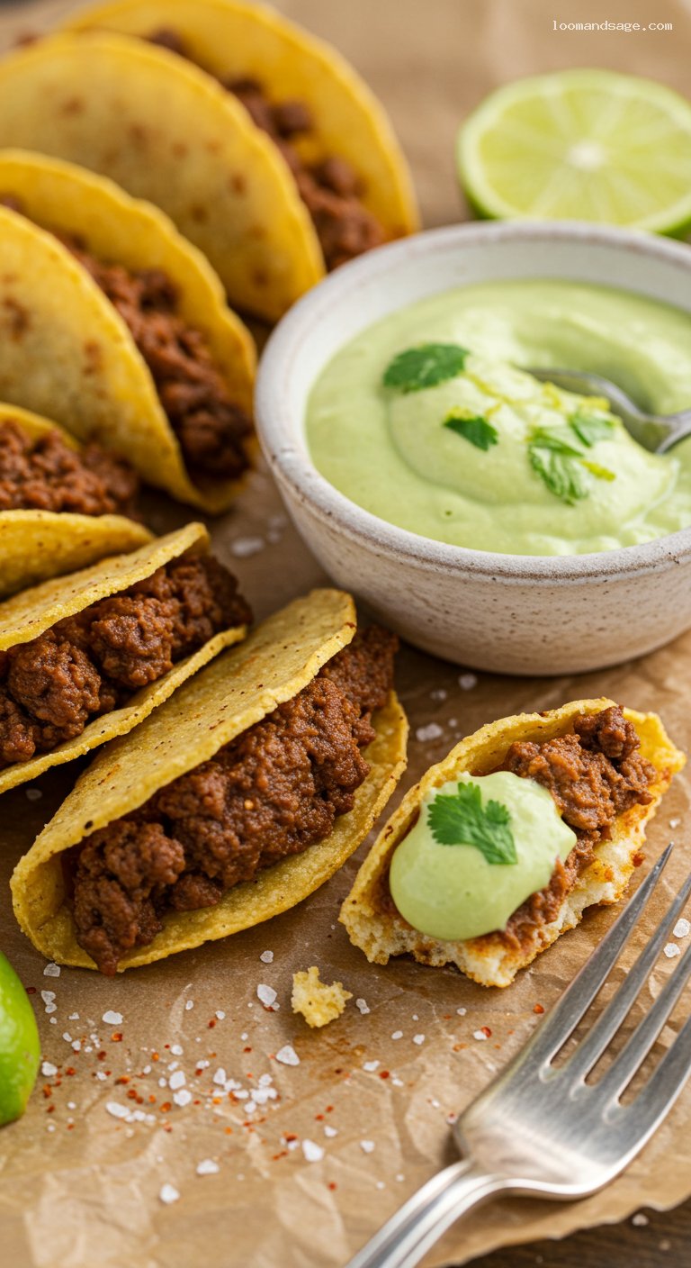 Crispy Tiny Tacos with Avocado Lime Dip – Closeup