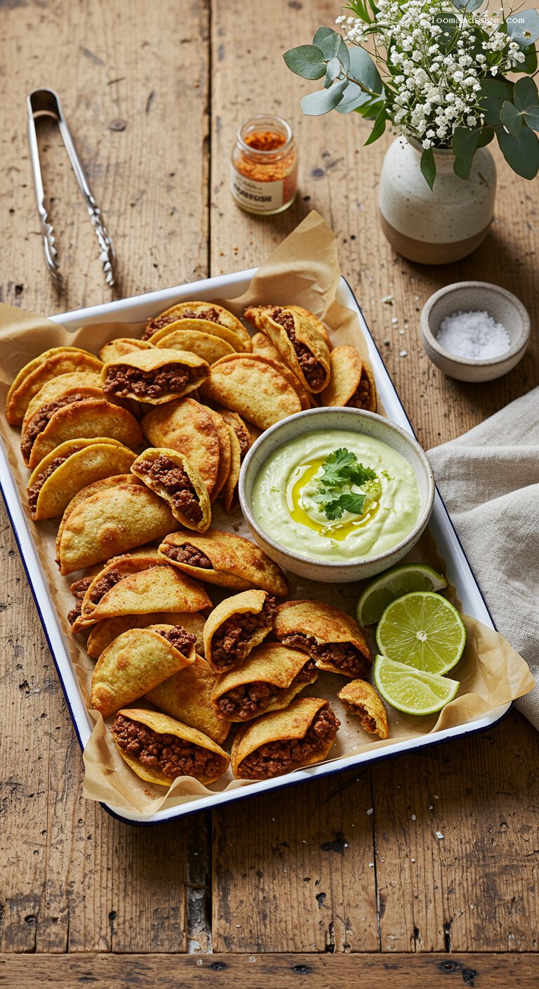 Crispy Tiny Tacos with Avocado Lime Dip
