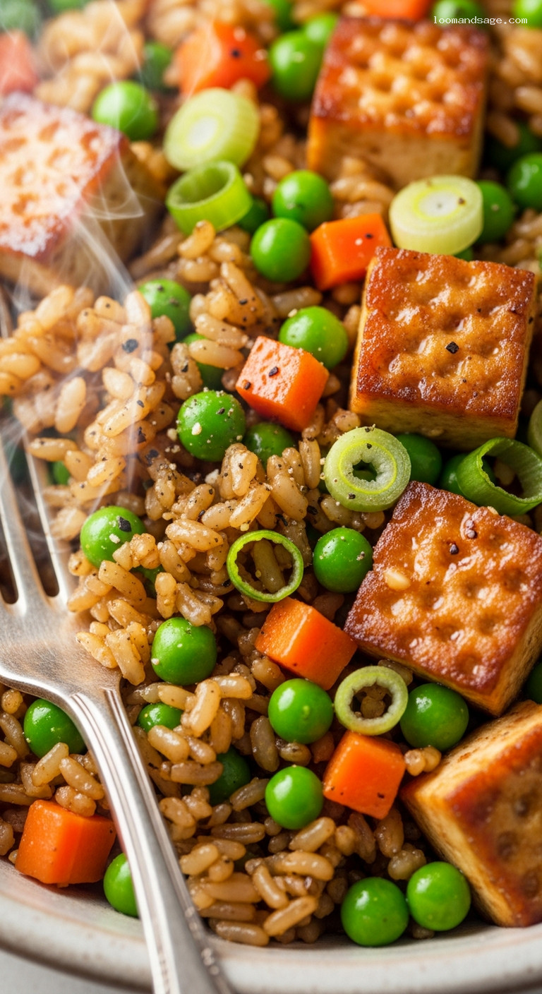 Crispy Tofu Veggie Fried Rice with Brown Rice – Closeup