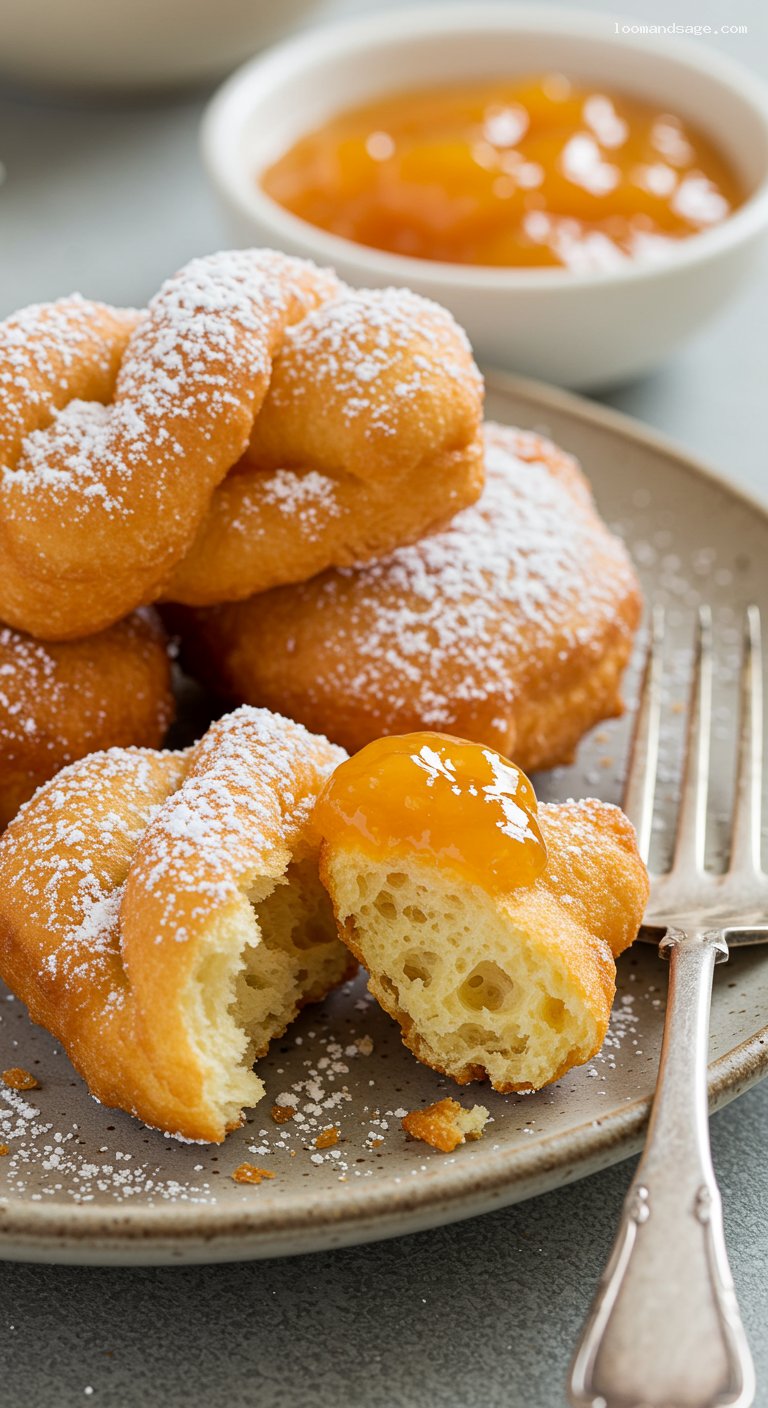 Csöröge Fánk: Light Twisted Fritters with Apricot Jam – Closeup