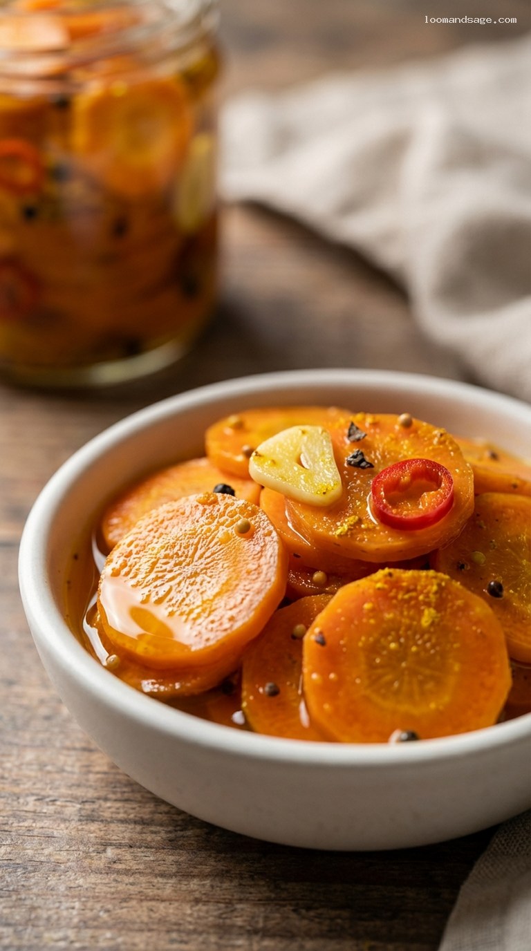 Curry-Turmeric Pickled Carrots With Garlic – Closeup