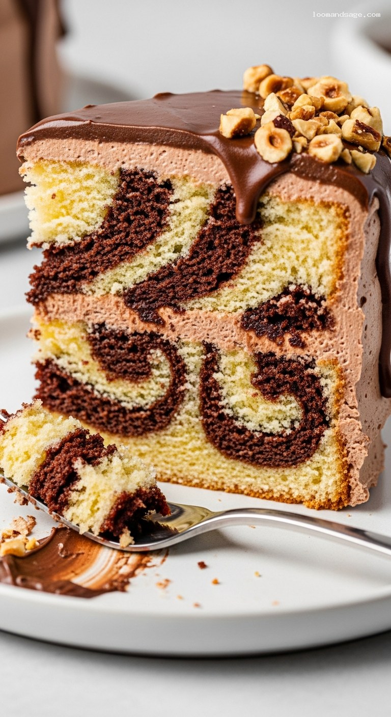 Decadent Nutella Swirl Cake with Hazelnut Ganache – Closeup