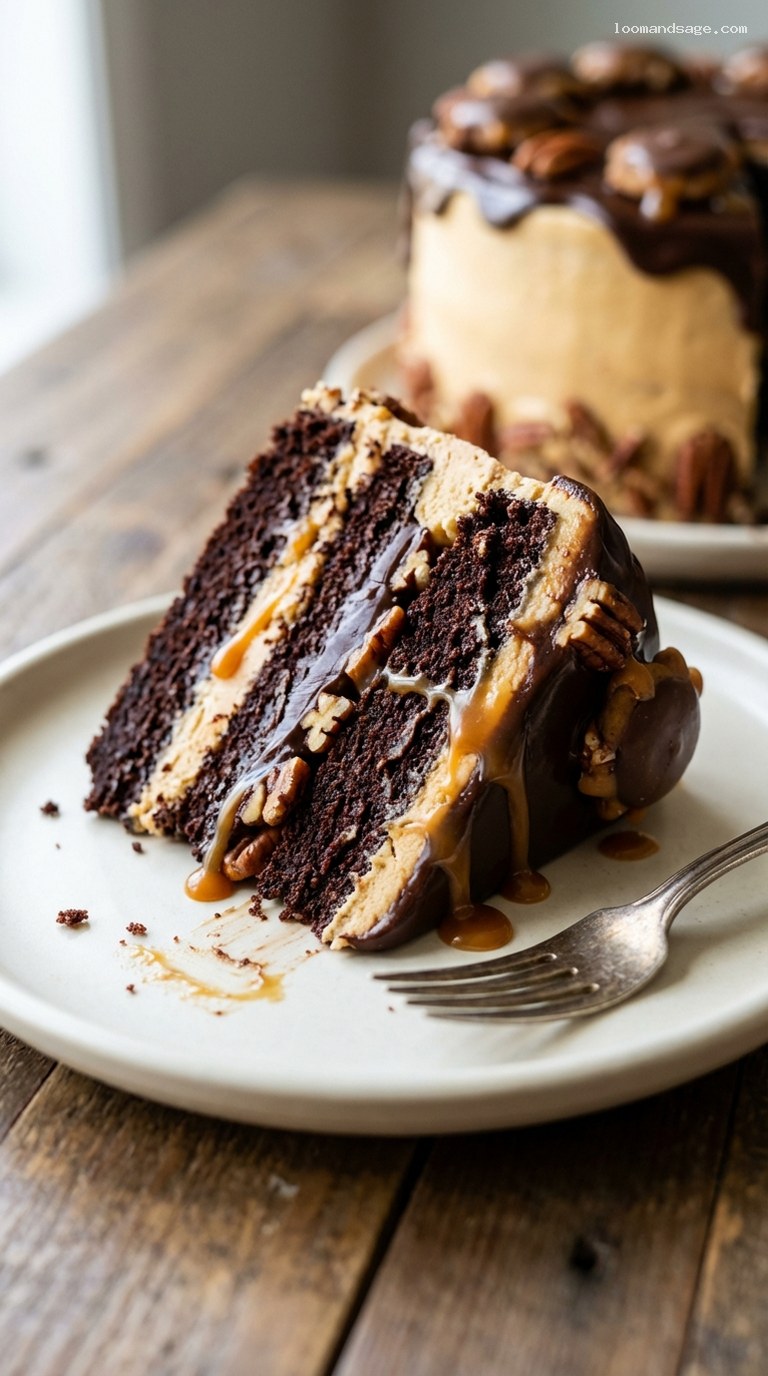 Decadent Turtle Cake With Caramel and Pecans – Closeup