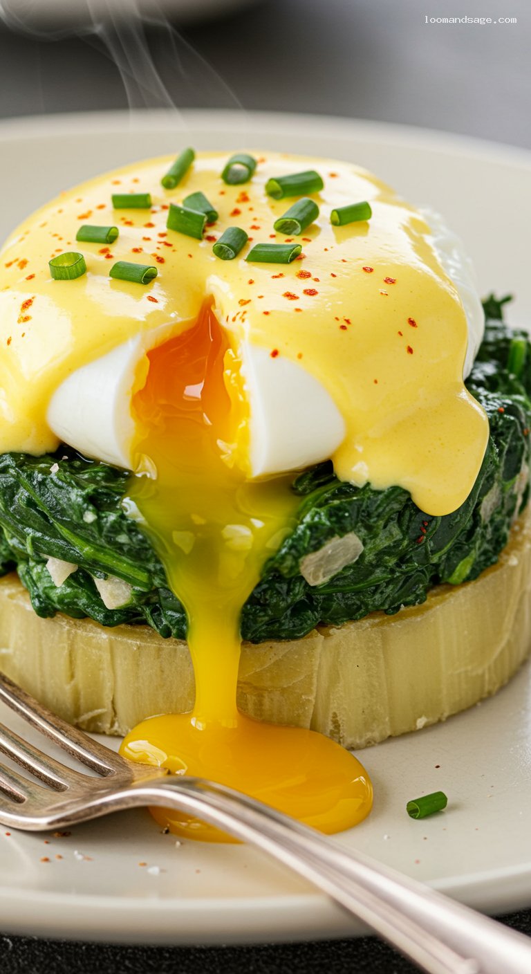 Eggs Sardou with Creamed Spinach and Hollandaise – Closeup