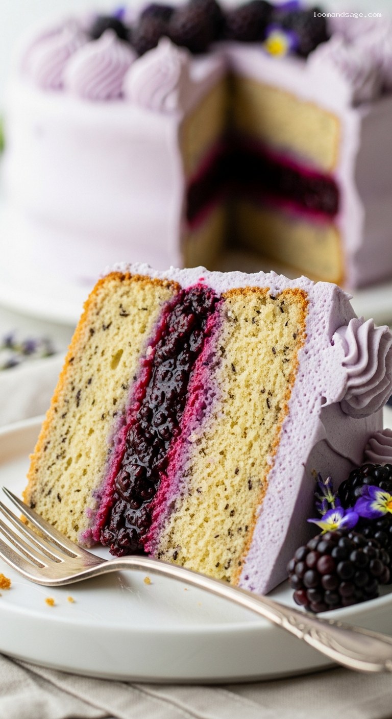 Elegant Blackberry Lavender Cake with Lemon and Vanilla – Closeup