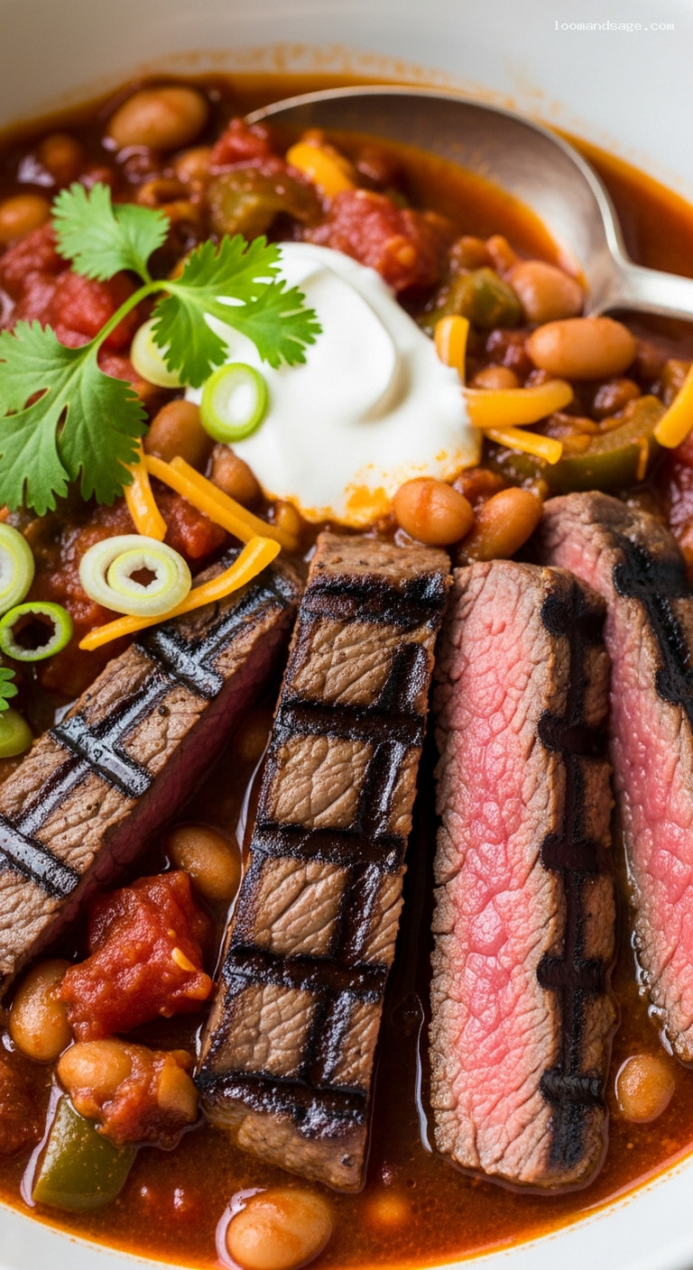 Fire-Grilled Steak Strip Chili with Chipotle Pintos – Closeup