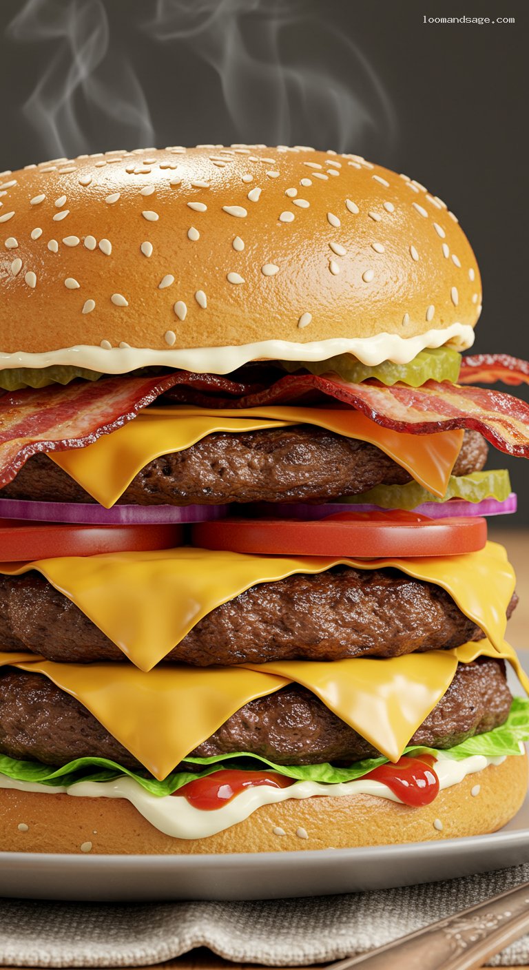 Five Guys-Style Bacon Double Cheeseburger with All the Way Toppings – Closeup