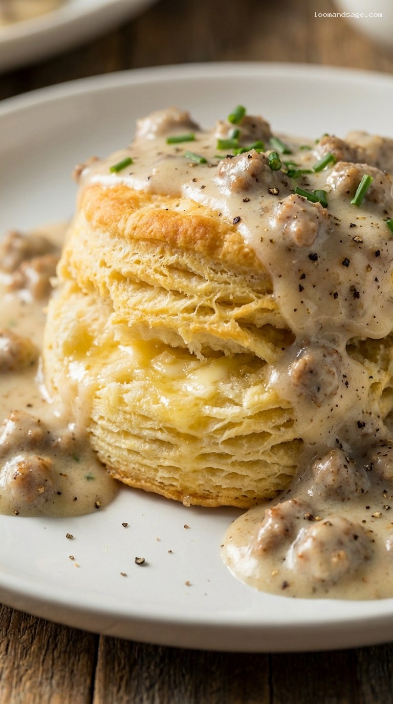 Flaky Buttermilk Biscuits With Country Sausage Gravy – Closeup