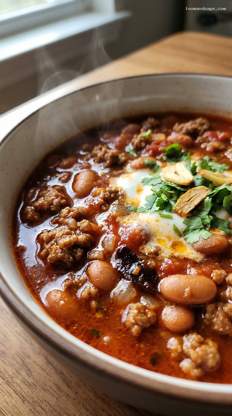 Garlic Chipotle Ranchero Chili With Pinto Beans – Closeup