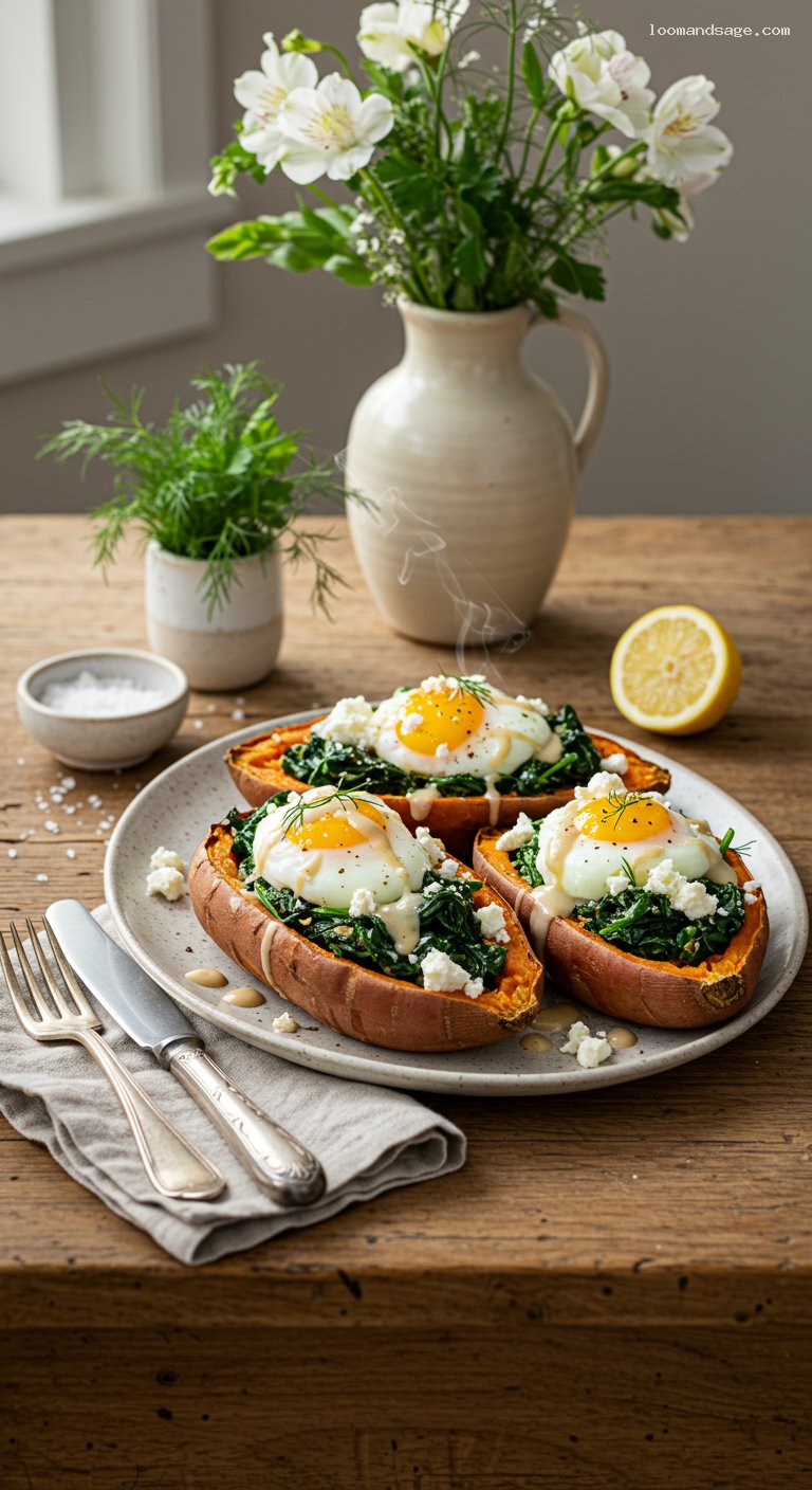 Garlicky Spinach and Egg Stuffed Sweet Potatoes