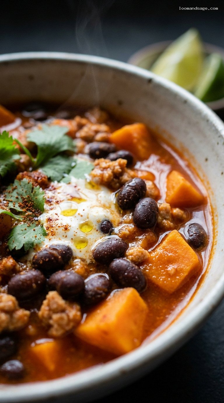 Ginger Sweet Potato Turkey Chili with Black Beans – Closeup