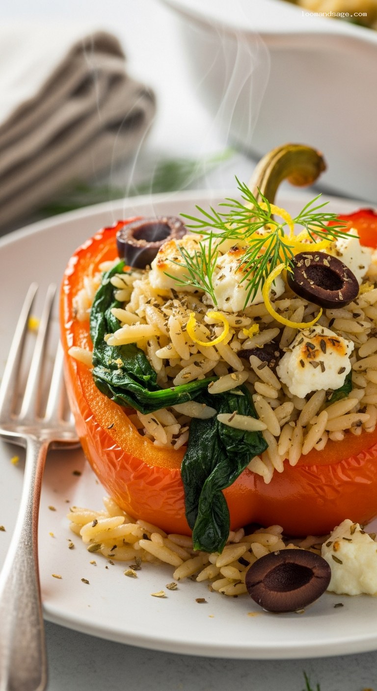 Greek Stuffed Peppers with Lemony Orzo and Feta – Closeup