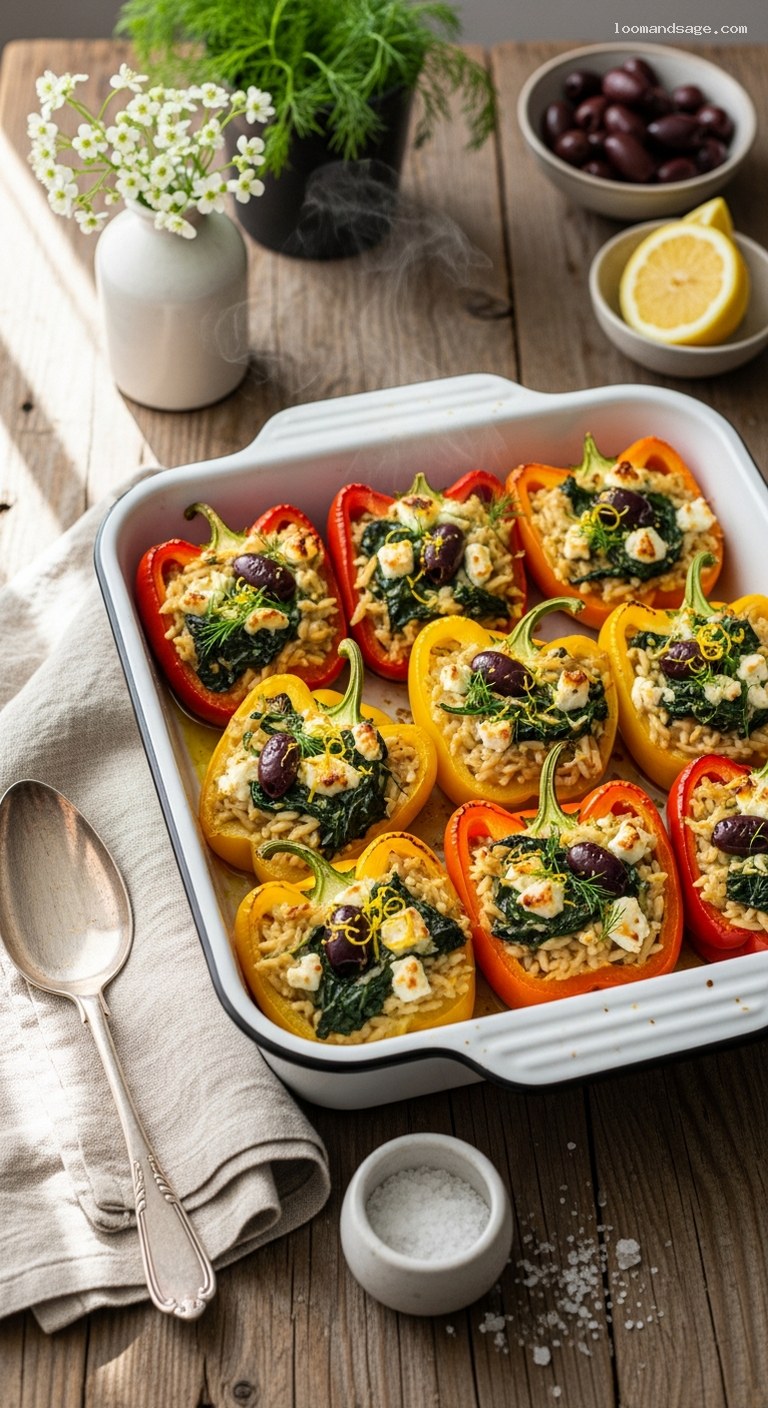 Greek Stuffed Peppers with Lemony Orzo and Feta