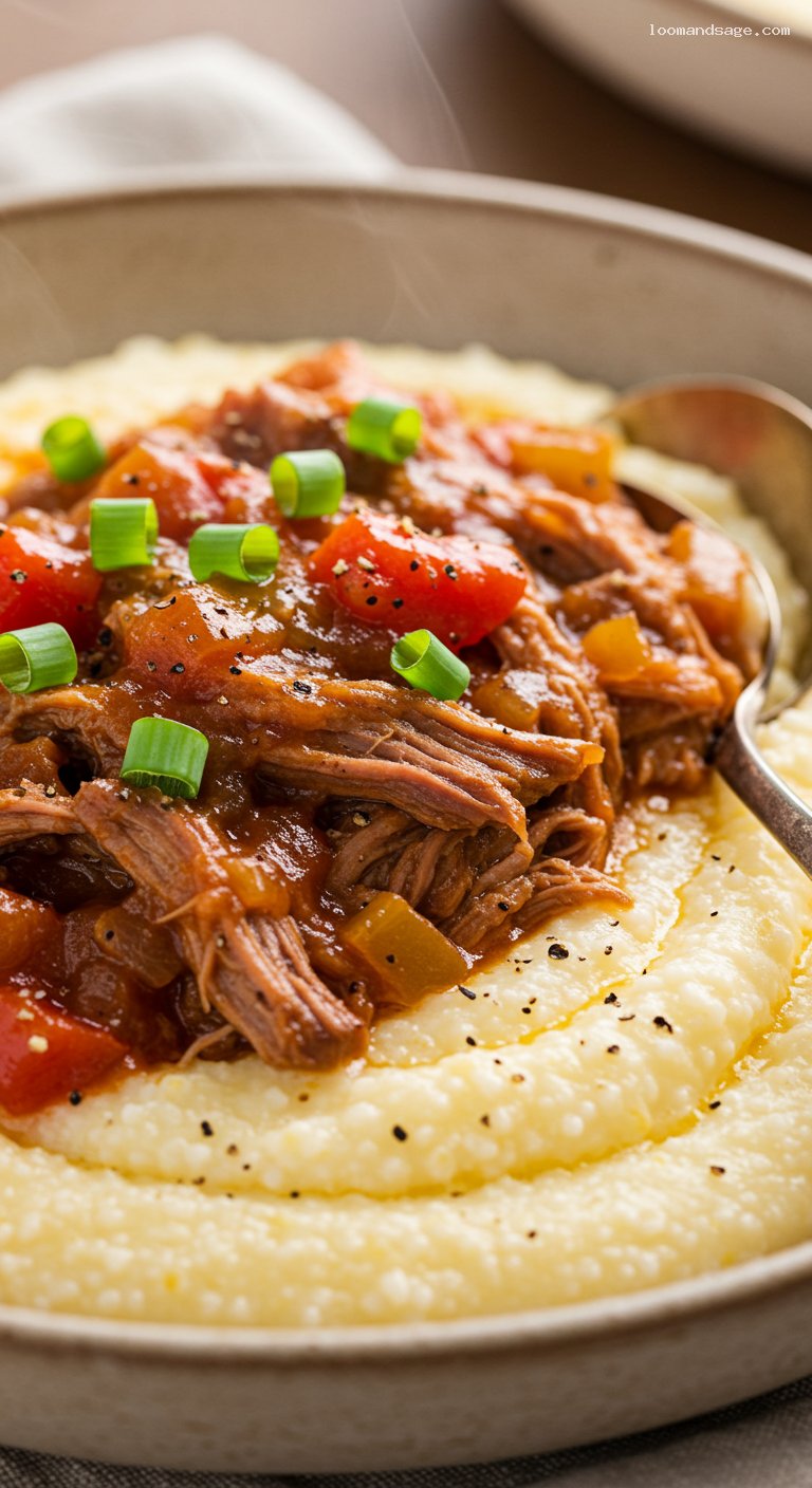 Grillades and Grits with Tomato-Wine Gravy – Closeup
