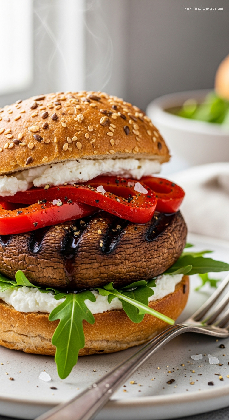 Grilled Balsamic Portobello Burgers with Goat Cheese – Closeup