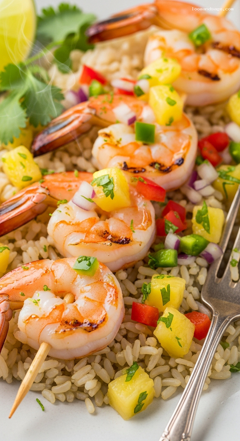 Grilled Shrimp Skewers with Pineapple Salsa and Coconut Rice – Closeup