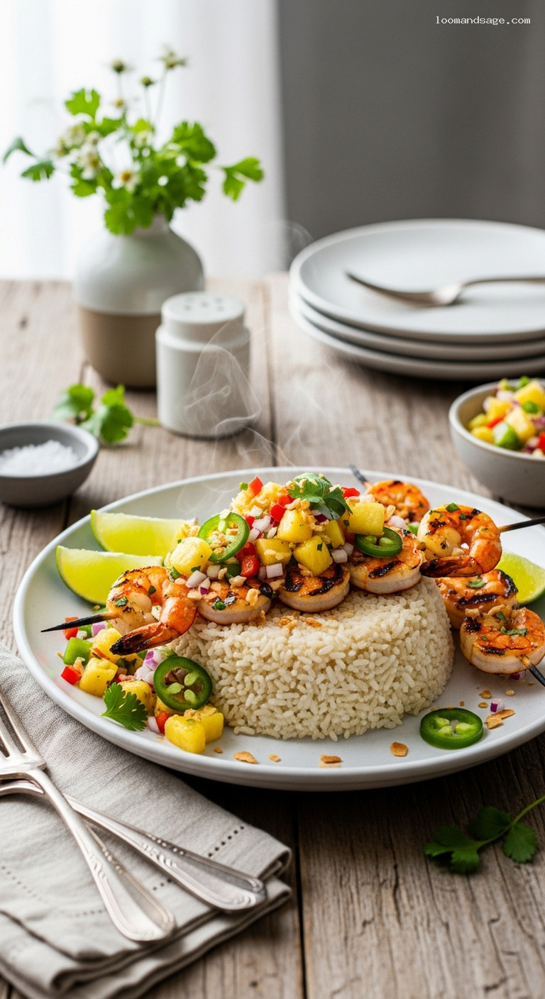 Grilled Shrimp Skewers with Pineapple Salsa and Coconut Rice