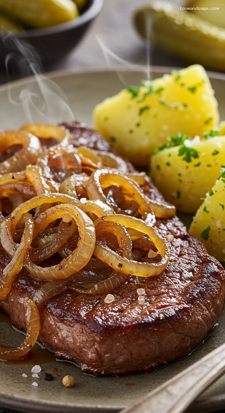 Hagymás Rostélyos with Caramelized Onions and Parsley Potatoes – Closeup