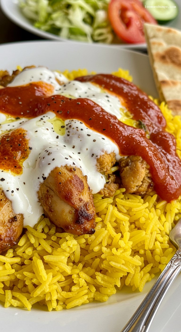 Halal Guys-Style Chicken and Rice Platter with White Sauce – Closeup