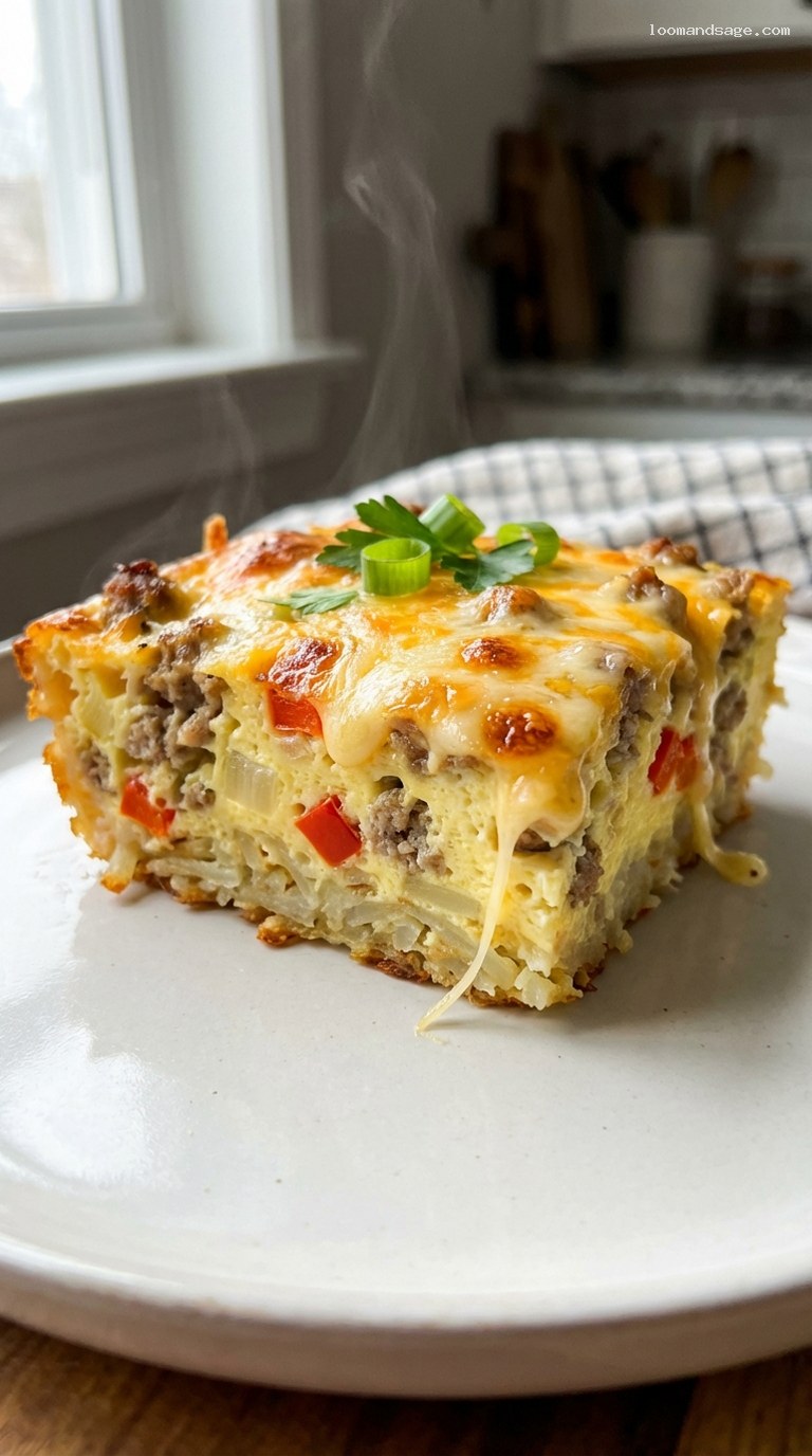 Hearty Farmer’s Casserole Breakfast Bake with Sausage and Eggs – Closeup