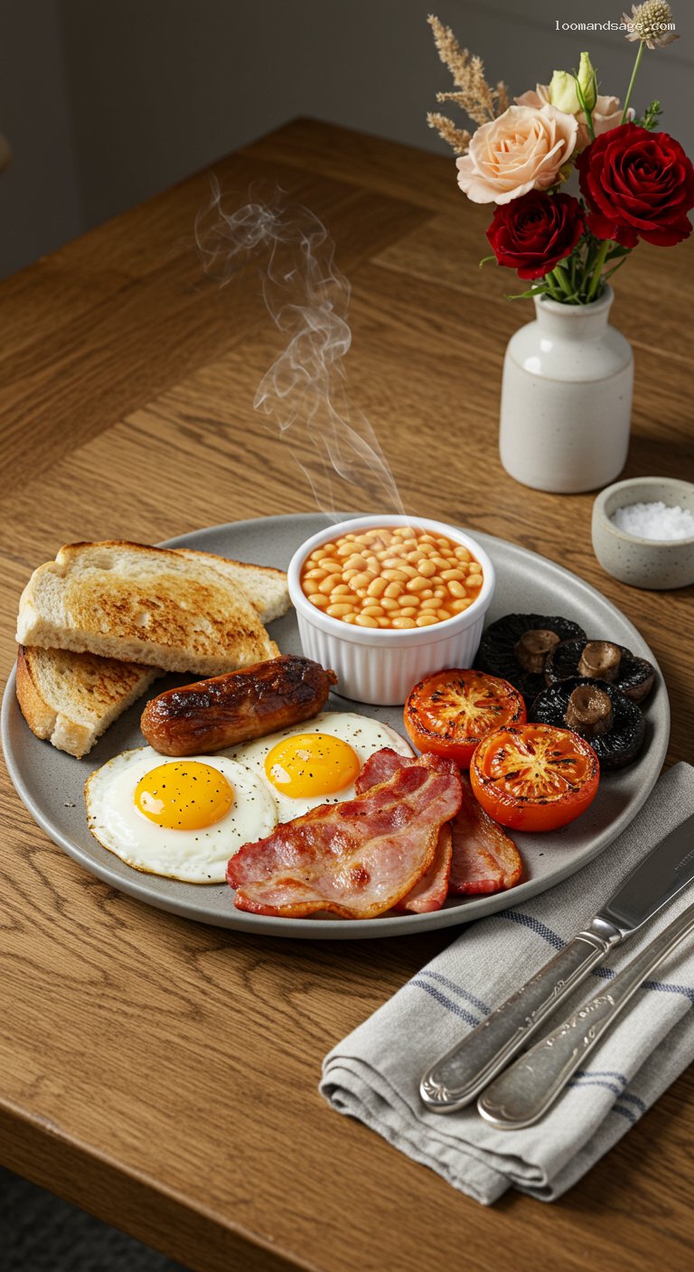 Hearty Full English Breakfast with Sunny Eggs and Bacon