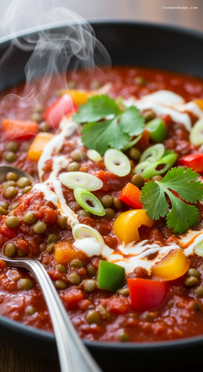 Hearty Green Lentil and Sweet Pepper Chili – Closeup