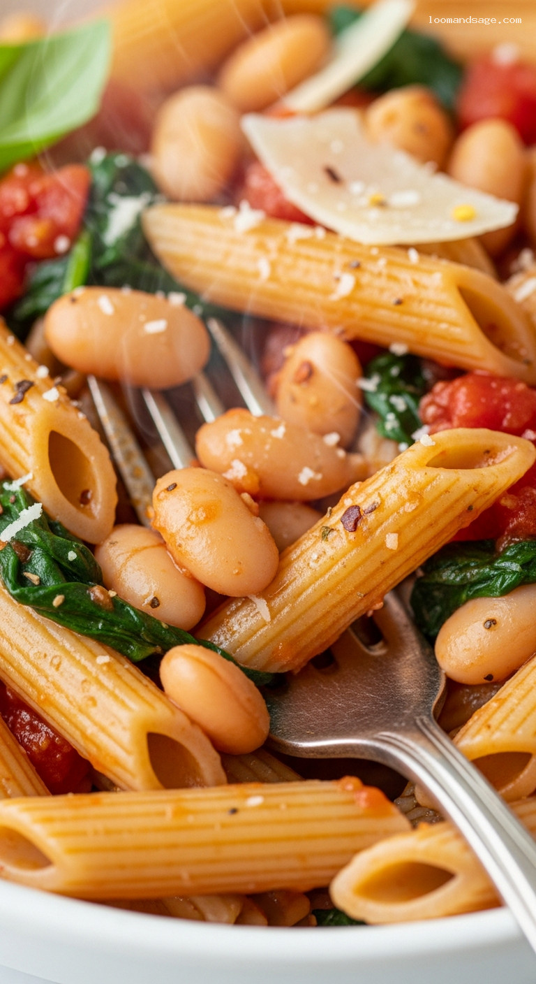 Hearty Tomato and White Bean Whole-Wheat Pasta – Closeup