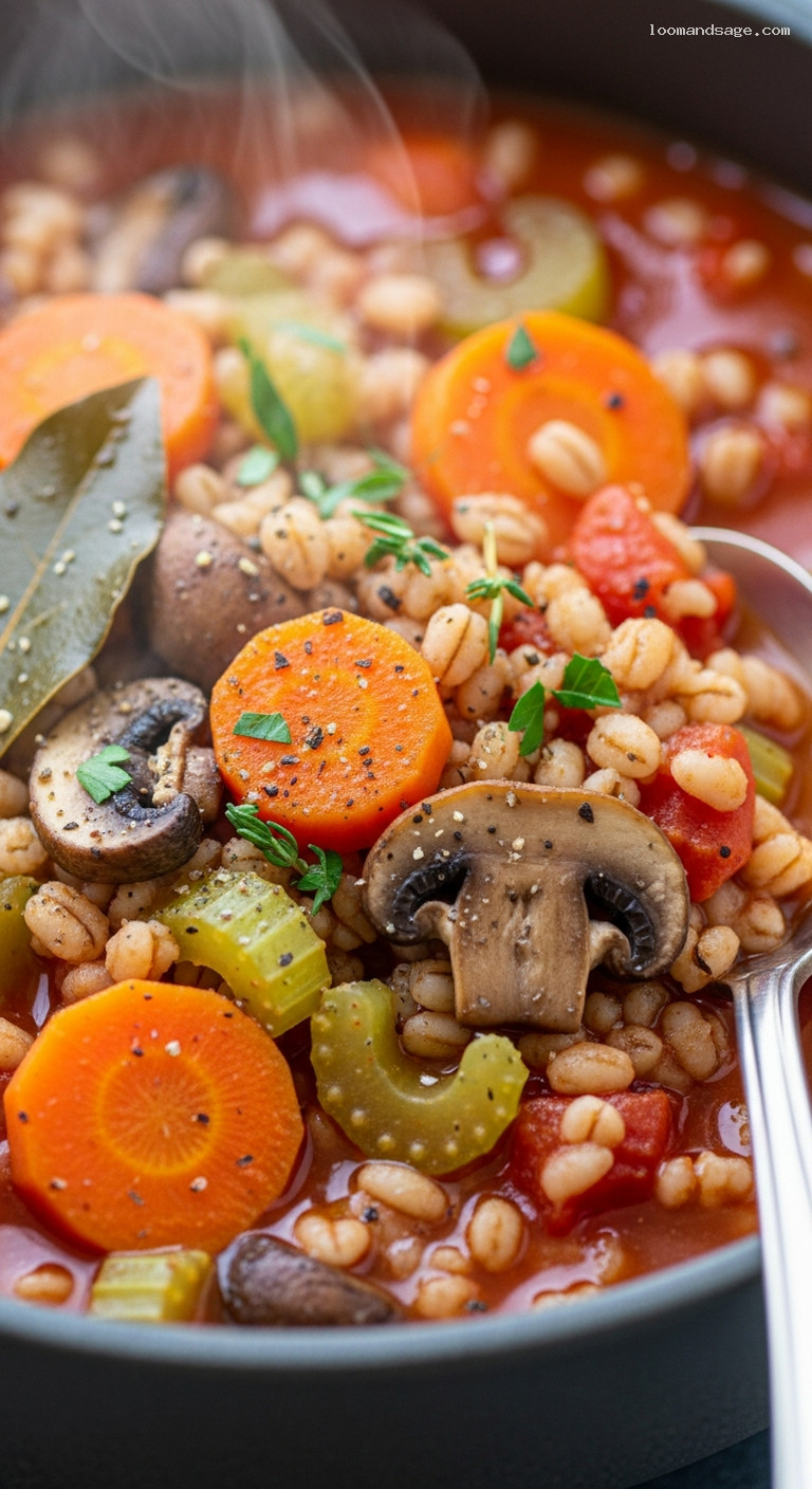Hearty Vegetable Barley Stew with Mushrooms and Thyme – Closeup