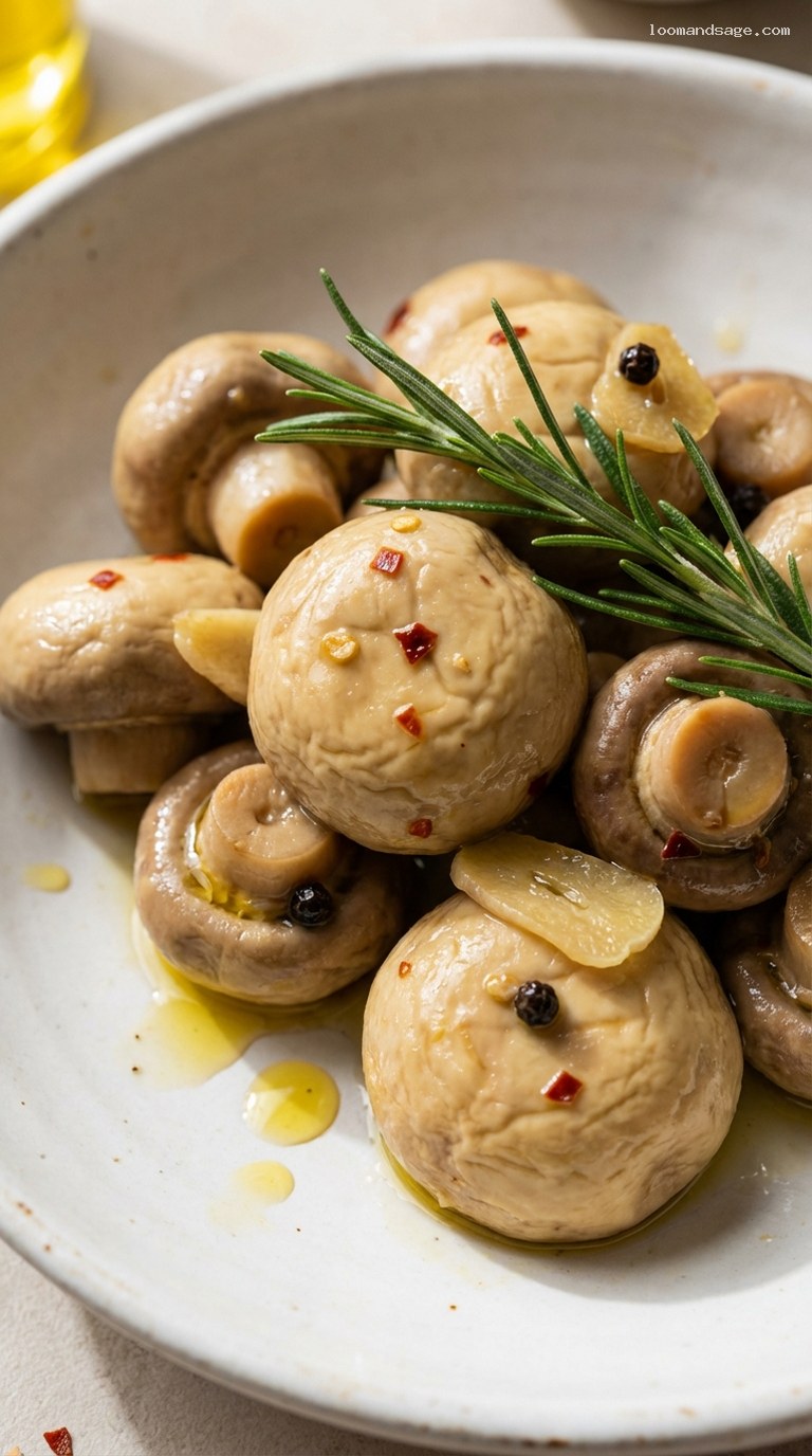 Herbed Pickled Button Mushrooms in Olive Oil – Closeup
