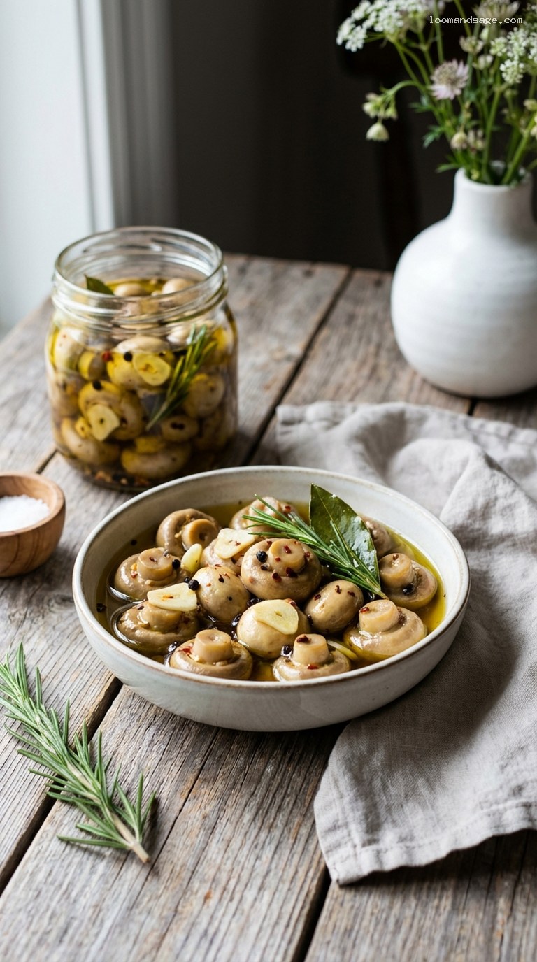Herbed Pickled Button Mushrooms in Olive Oil